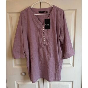 Ulla Popken Womens Pinstripe Tunic Top V-Neck 3/4 Sleeve Size 16/18